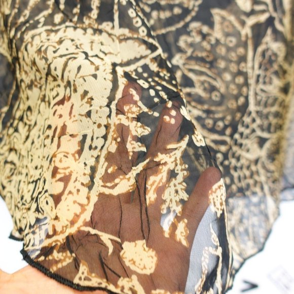 Womens Top Large Flared Ruffle‎ Tan Black Paisley Blouse Boho Hippie - Picture 9 of 12